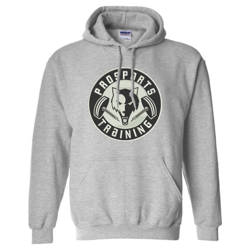 a grey hoodie with an embroidered Prosports training logo