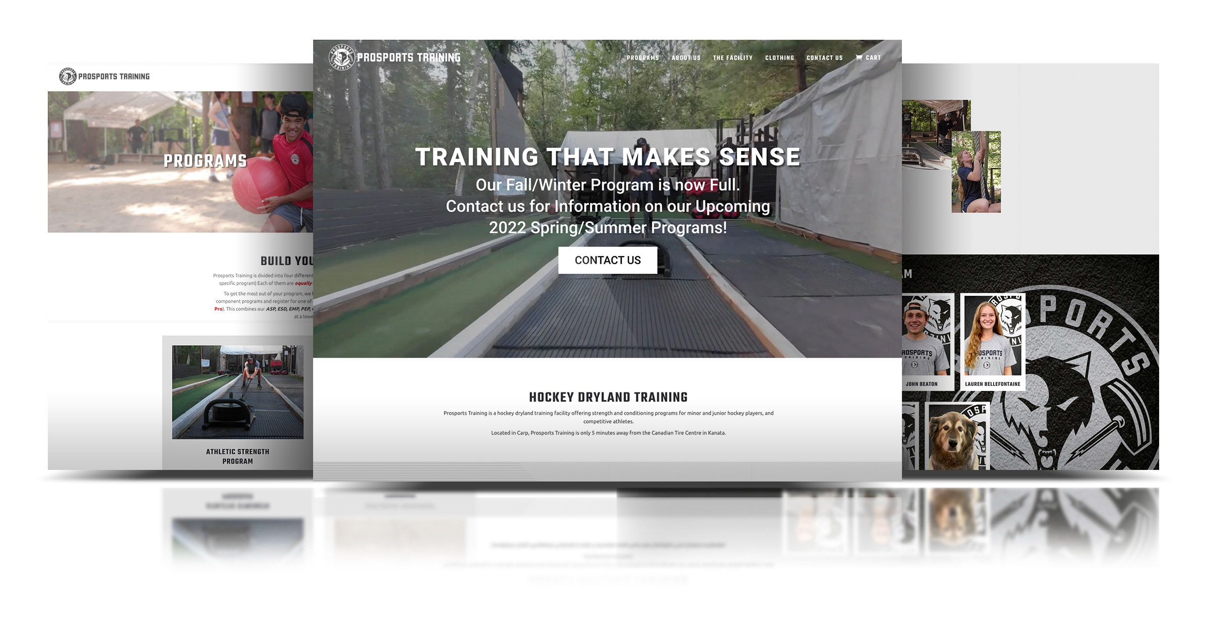 A three tiered website mockup of the Prosports Training website