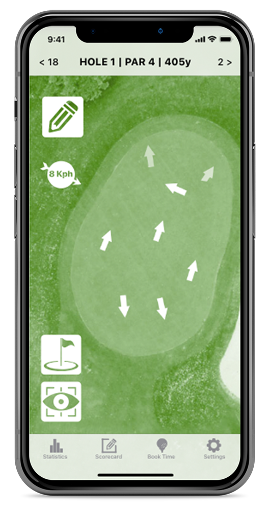 a phone screen showing virtual guides on a golf green
