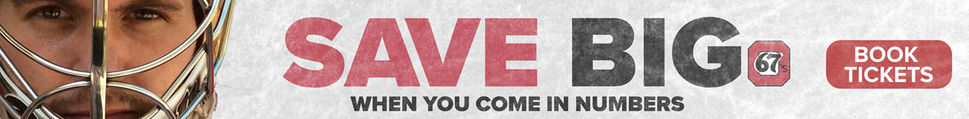 a web banner featuring a hockey goalie, with the words, Save big