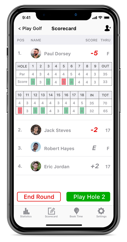 a phone screen showing the leaderboard on a golf app