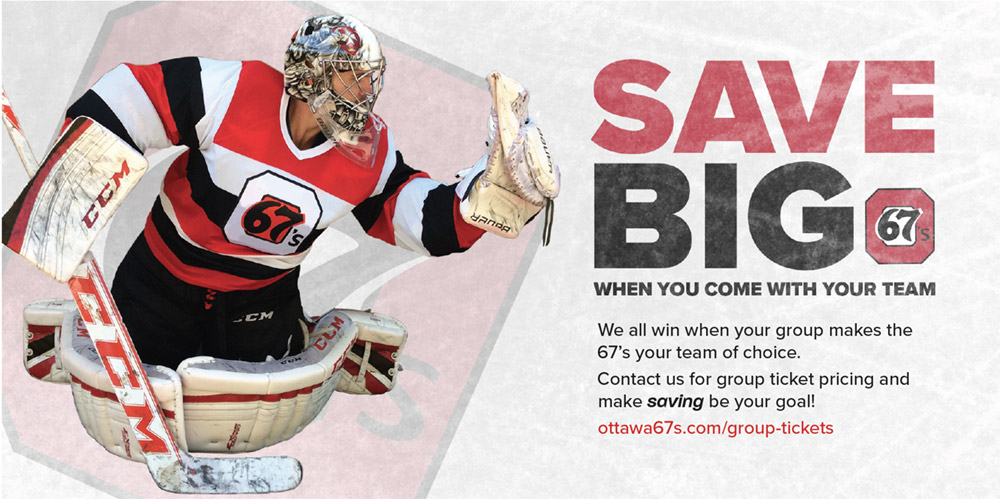 a web advertisement featuring a hockey goalie making a save, with the words, Save big