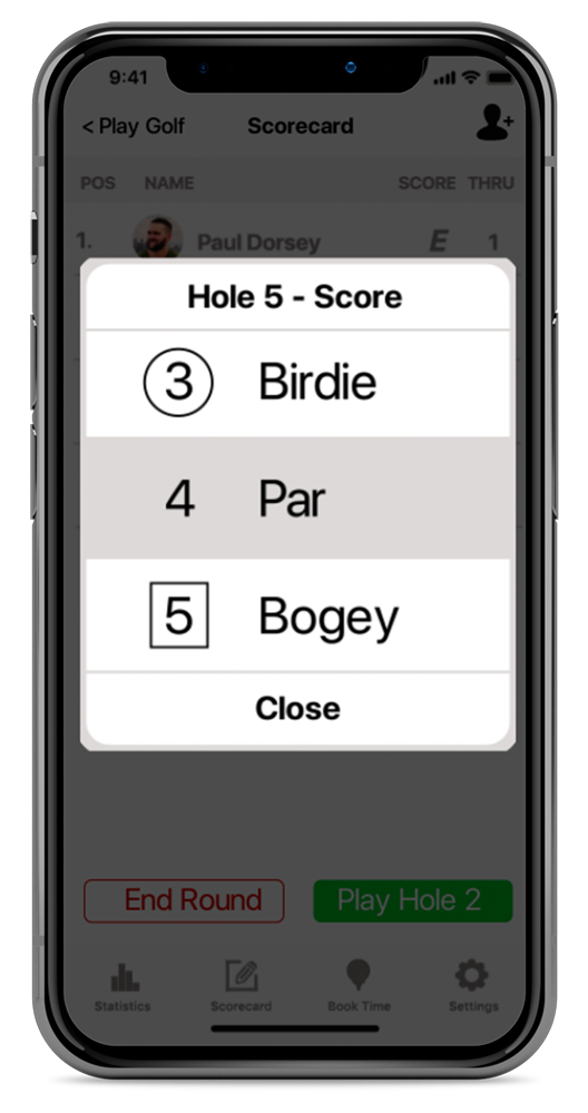 a phone screen showing the score dropdown a golf app