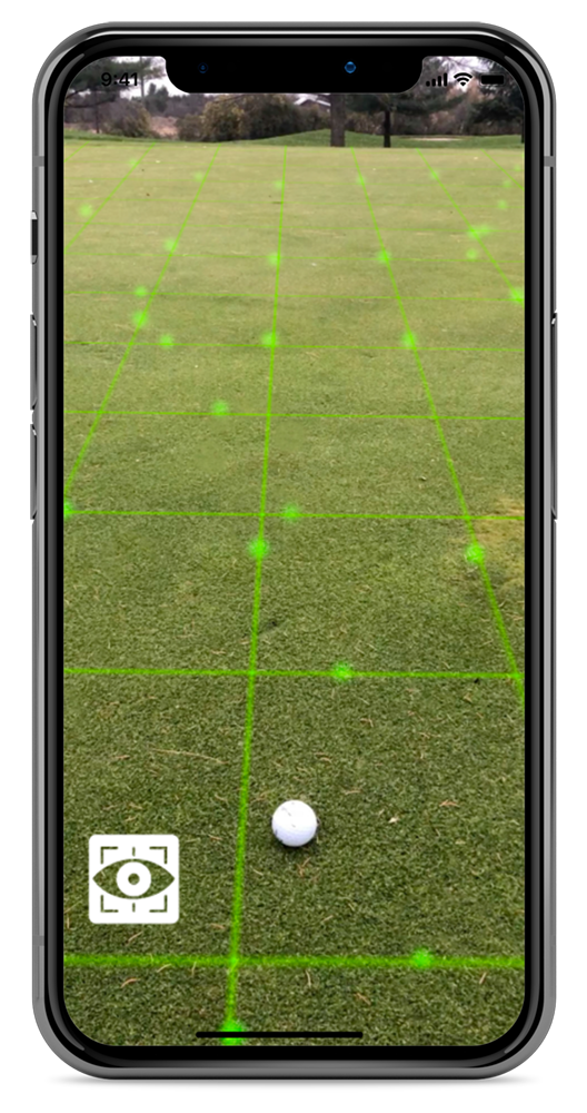a phone screen showing virtual grids of a golf green