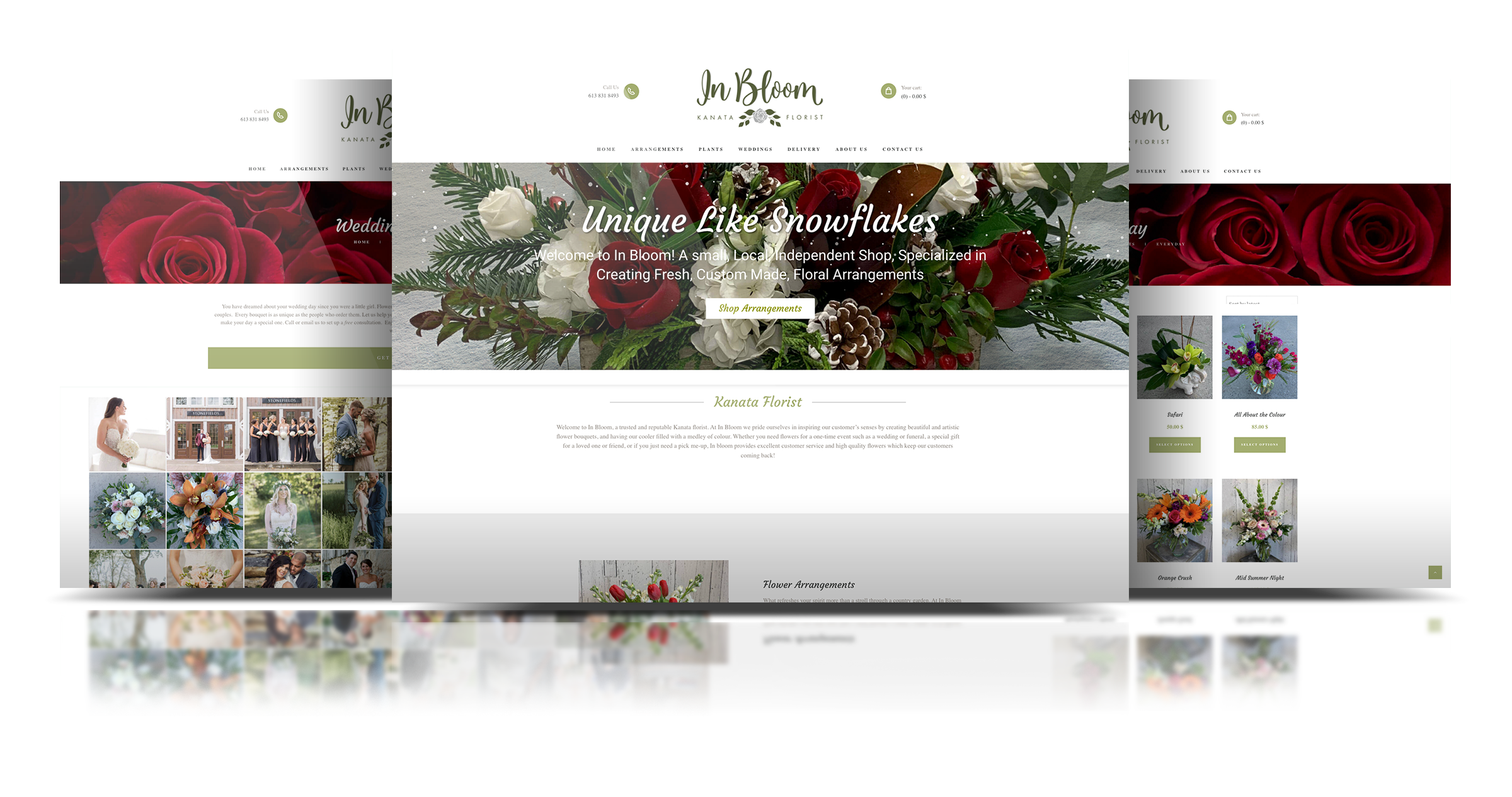A three tiered website mockup of the In Bloom website