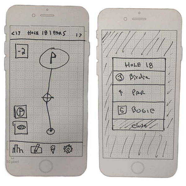 a sketched mockup of a golfing app